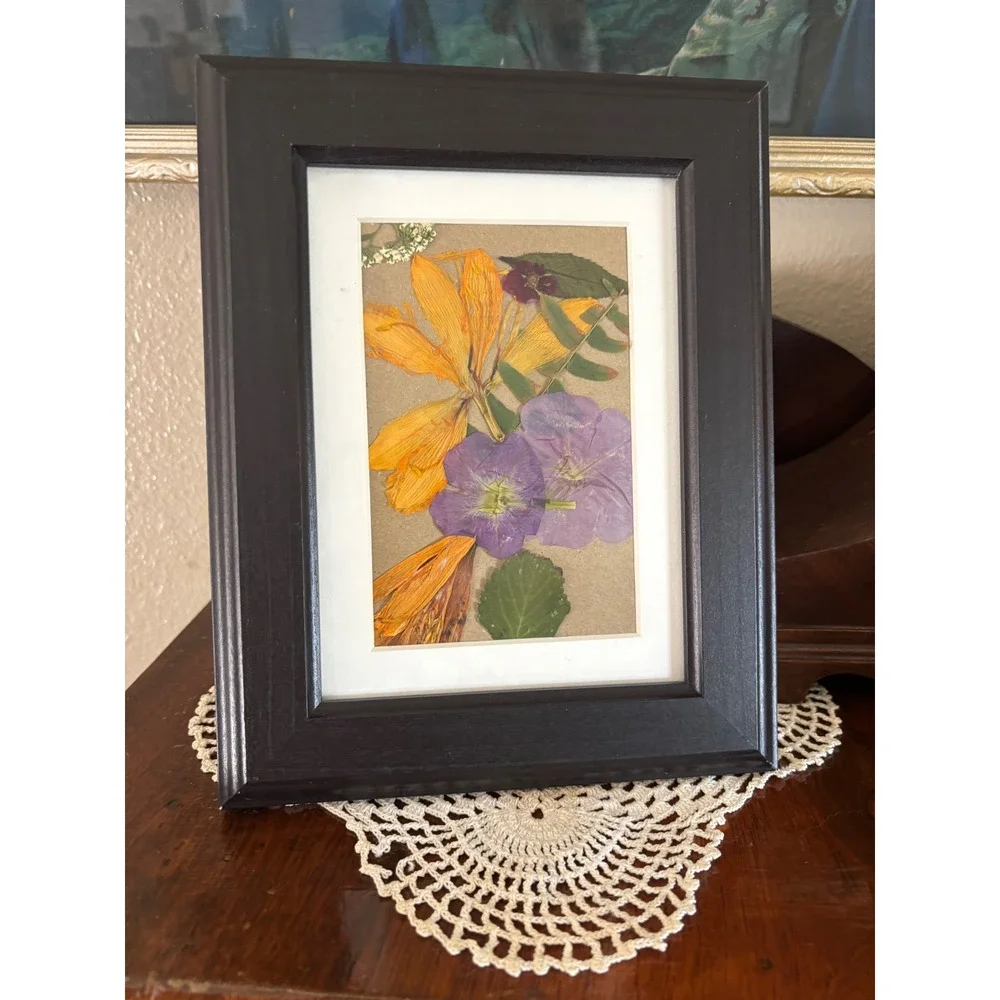 Pressed Flower Art Framed Botanical Wall Decor Yellow Purple Dried Floral 6x8